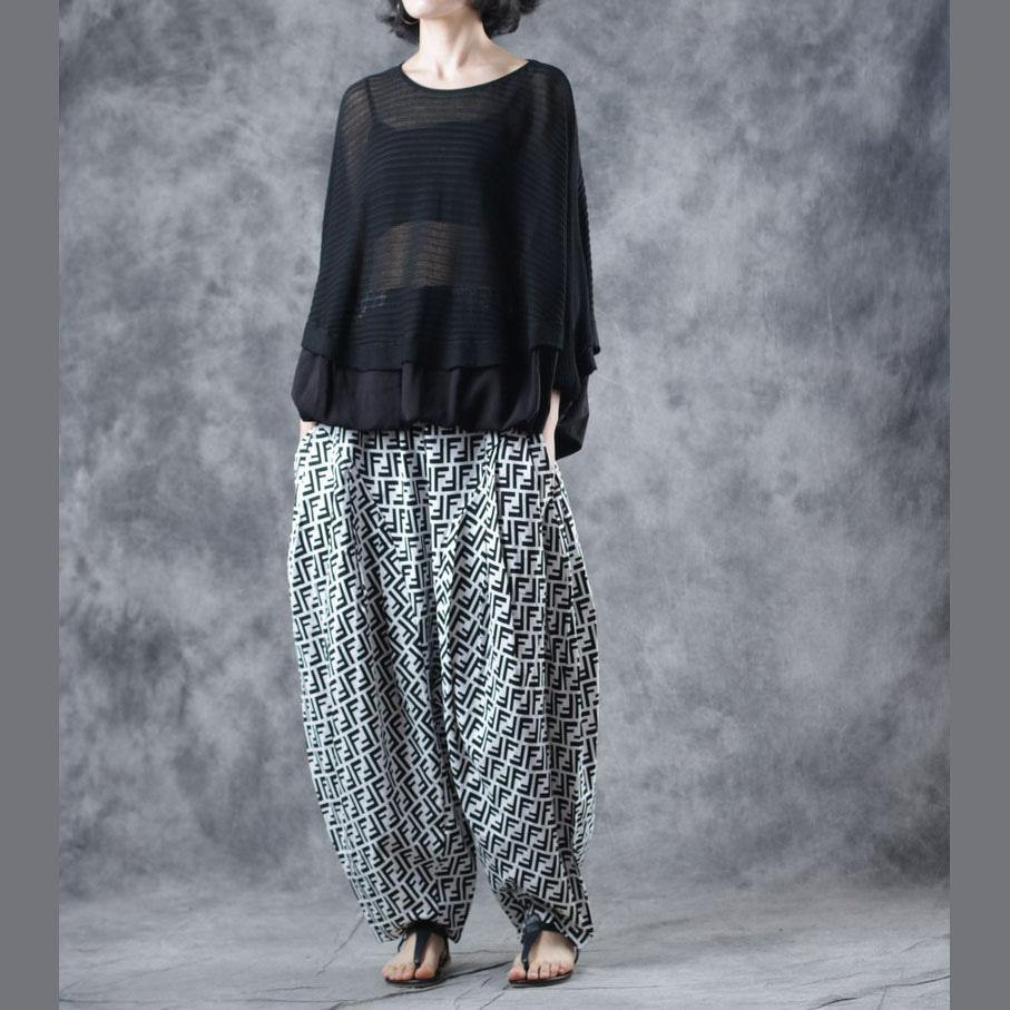 Women black cotton clothes o neck patchwork knit fabric asymmetric silhouette fall shirt - Omychic