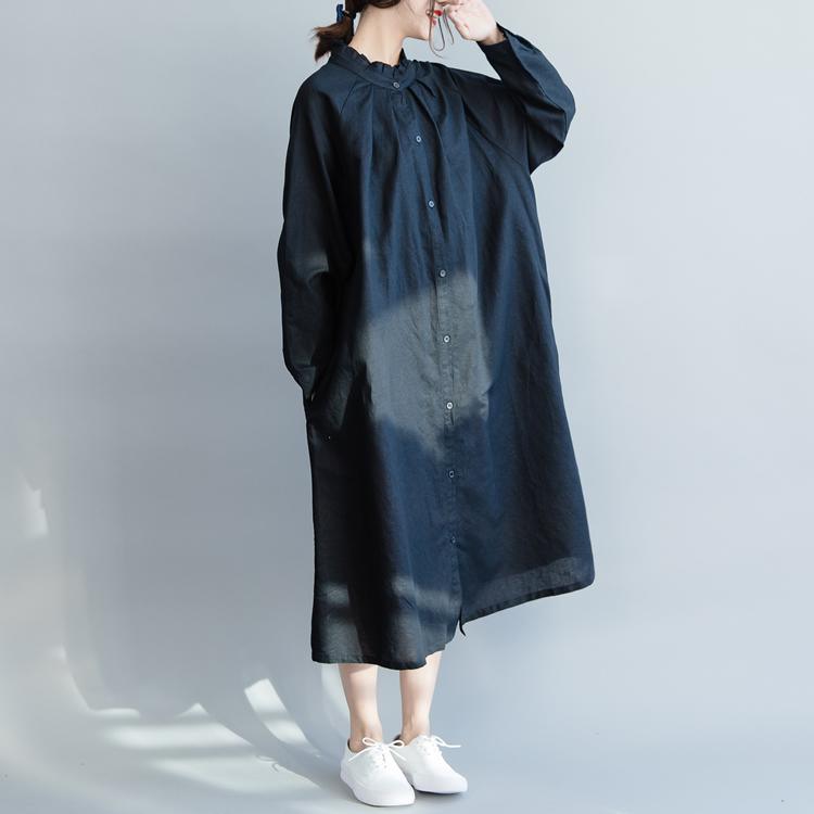 Women black cotton linen dress Metropolitan Museum Shape stand collar Ruffles Maxi spring Dress - Omychic