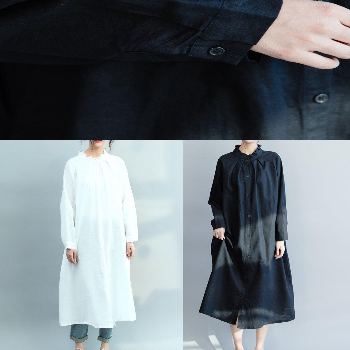Women black cotton linen dress Metropolitan Museum Shape stand collar Ruffles Maxi spring Dress - Omychic