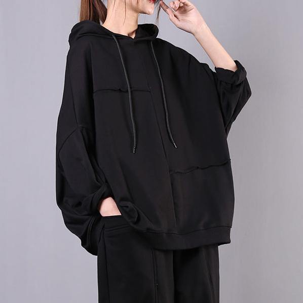 Women black cotton linen tops women blouses hooded patchwork top - Omychic