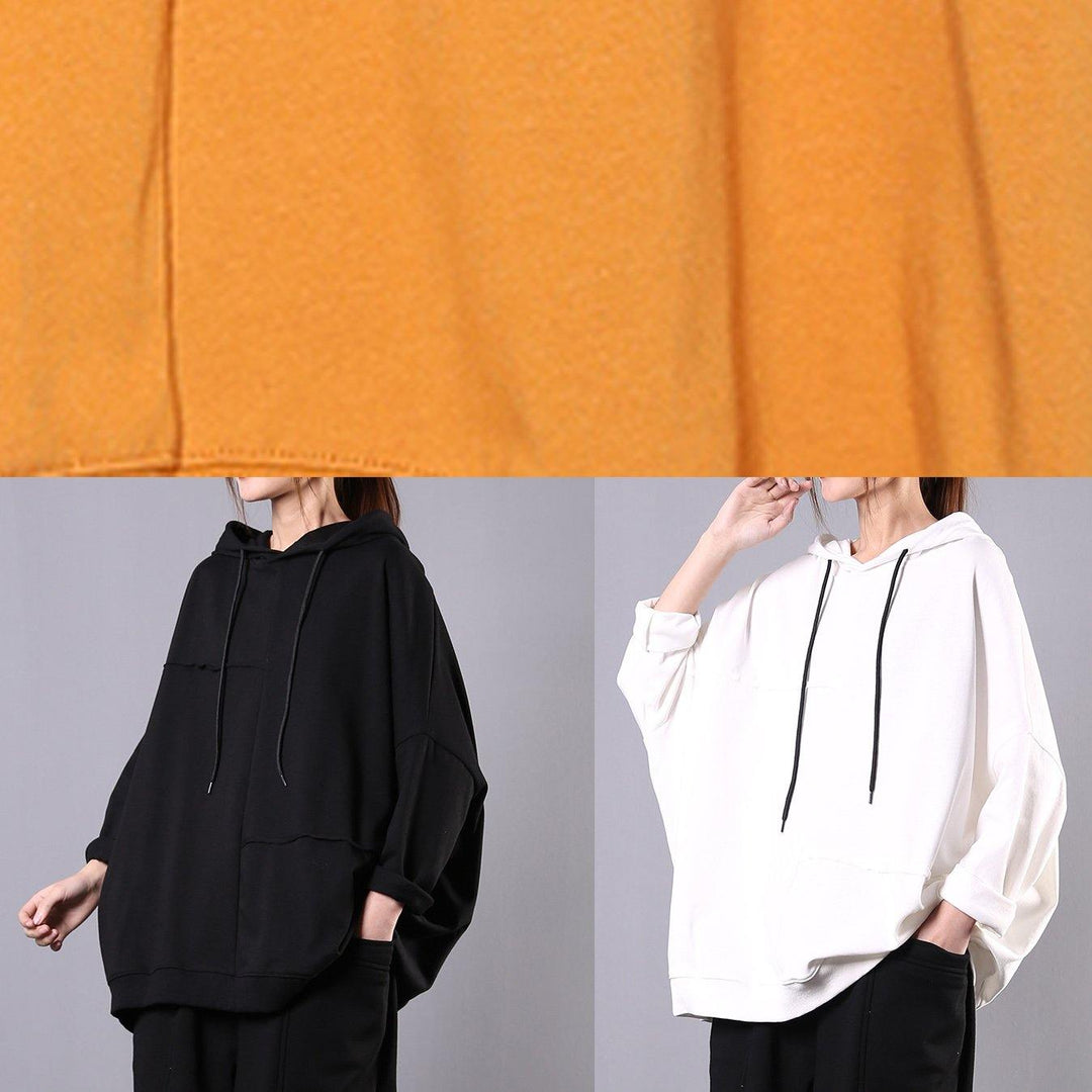 Women black cotton linen tops women blouses hooded patchwork top - Omychic