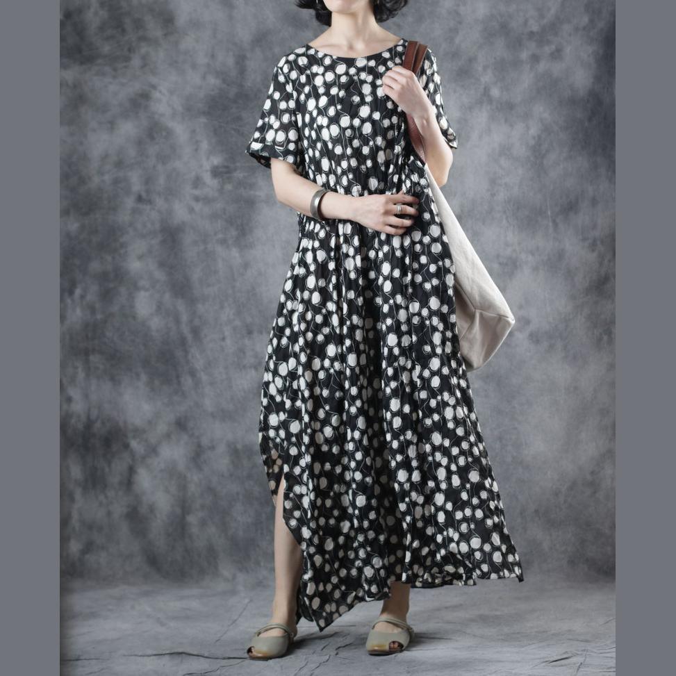 Women black dotted cotton clothes o neck tie waist Maxi summer Dresses - Omychic