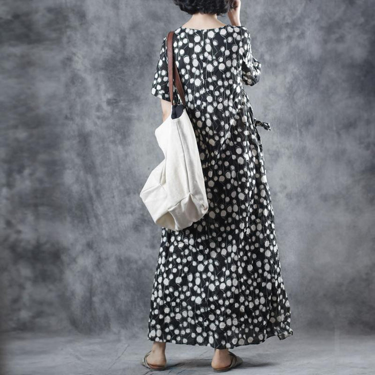 Women black dotted cotton clothes o neck tie waist Maxi summer Dresses - Omychic