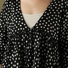 Women black dotted cotton linen clothes Neckline v neck asymmetric summer top - Omychic