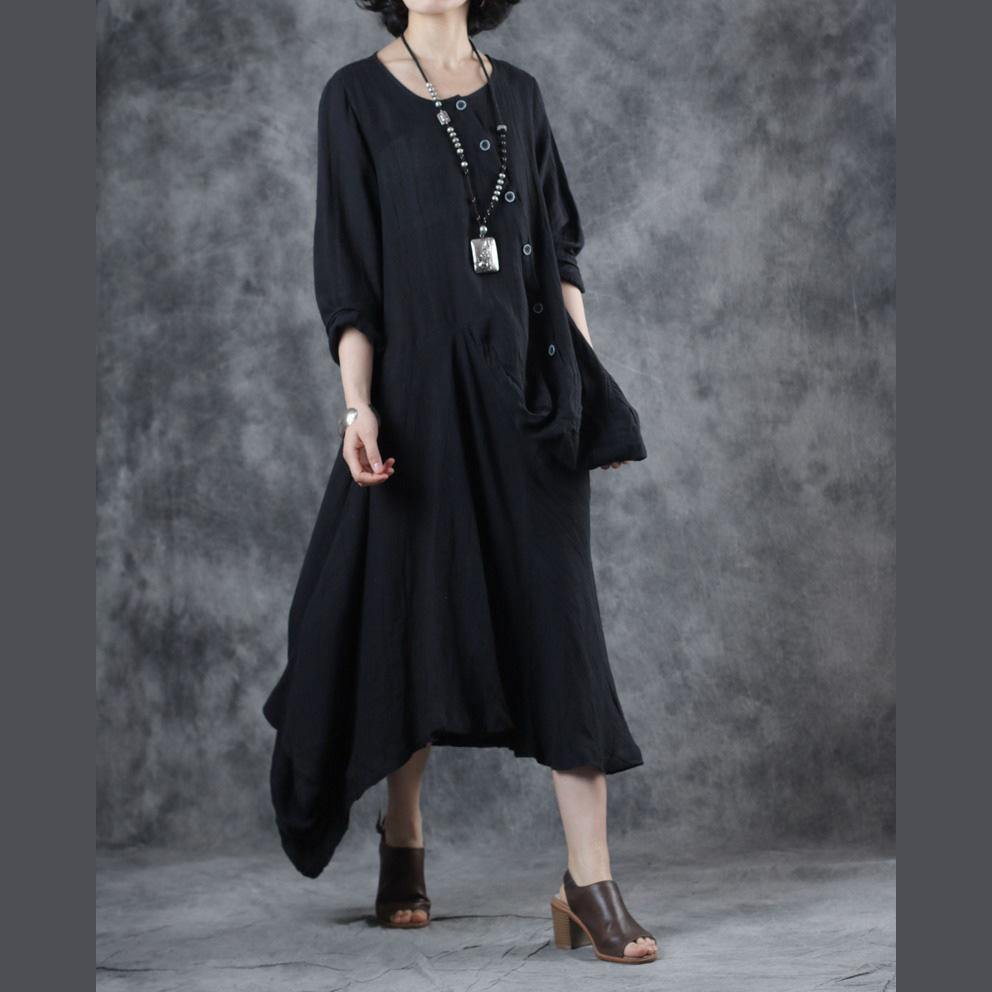 Women black linen cotton dress o neck patchwork Maxi Dress - Omychic