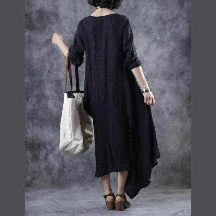 Women black linen cotton dress o neck patchwork Maxi Dress - Omychic