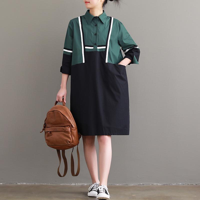 Women black patchwork green Cotton quilting clothes plus size Photography lapel tunic Dress - Omychic