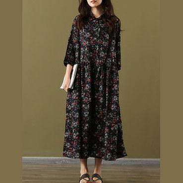 Women black print cotton linen dresses stand collar large hem Maxi summer Dresses - Omychic