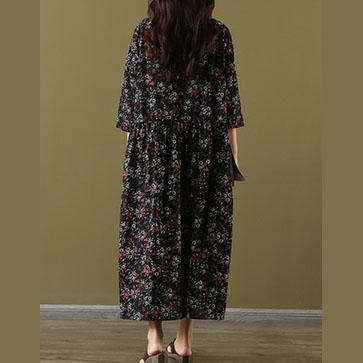 Women black print cotton linen dresses stand collar large hem Maxi summer Dresses - Omychic