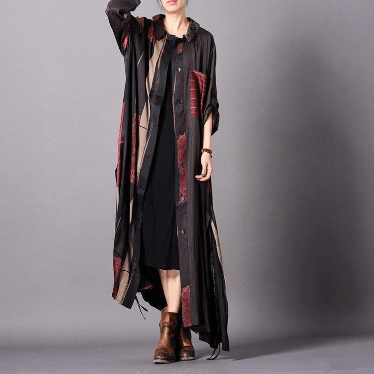 Women black print silk dress Fitted design lapel Kaftan Summer Dresses - Omychic