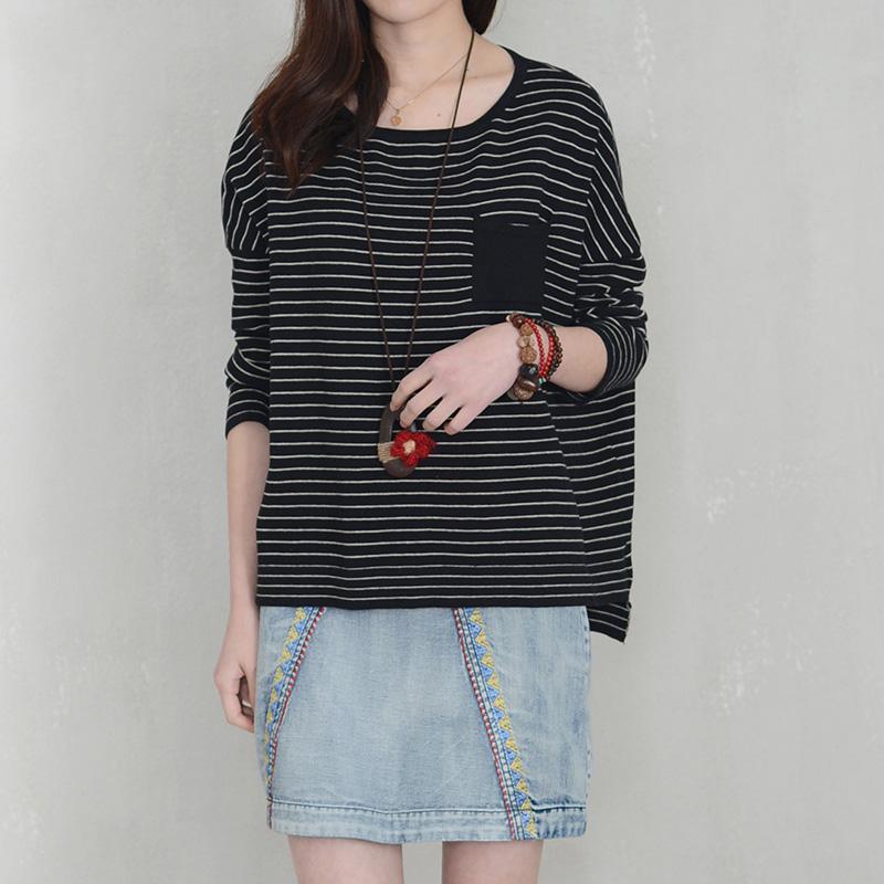 Women black striped knit blouse plus size o neck knitwear autumn - Omychic