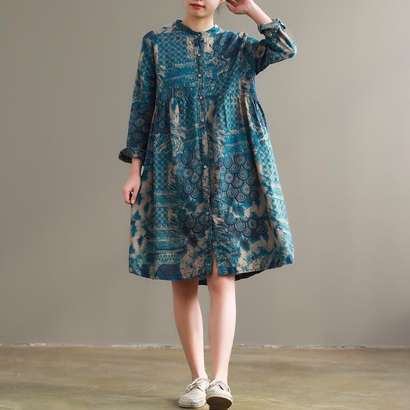 Women blue floral cotton Long Shirts Vintage Fabrics stand collar pockets cotton Dresses - Omychic