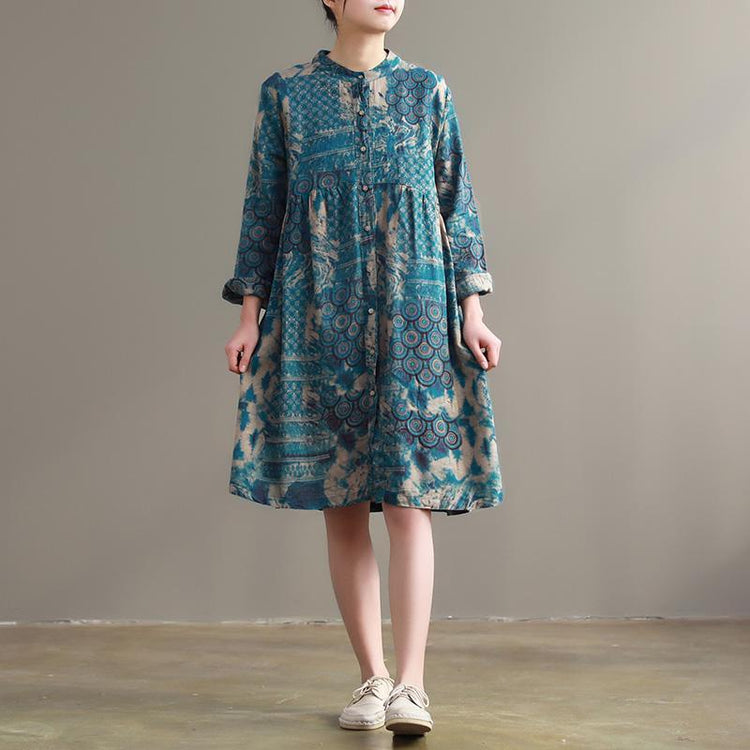 Women blue floral cotton Long Shirts Vintage Fabrics stand collar pockets cotton Dresses - Omychic