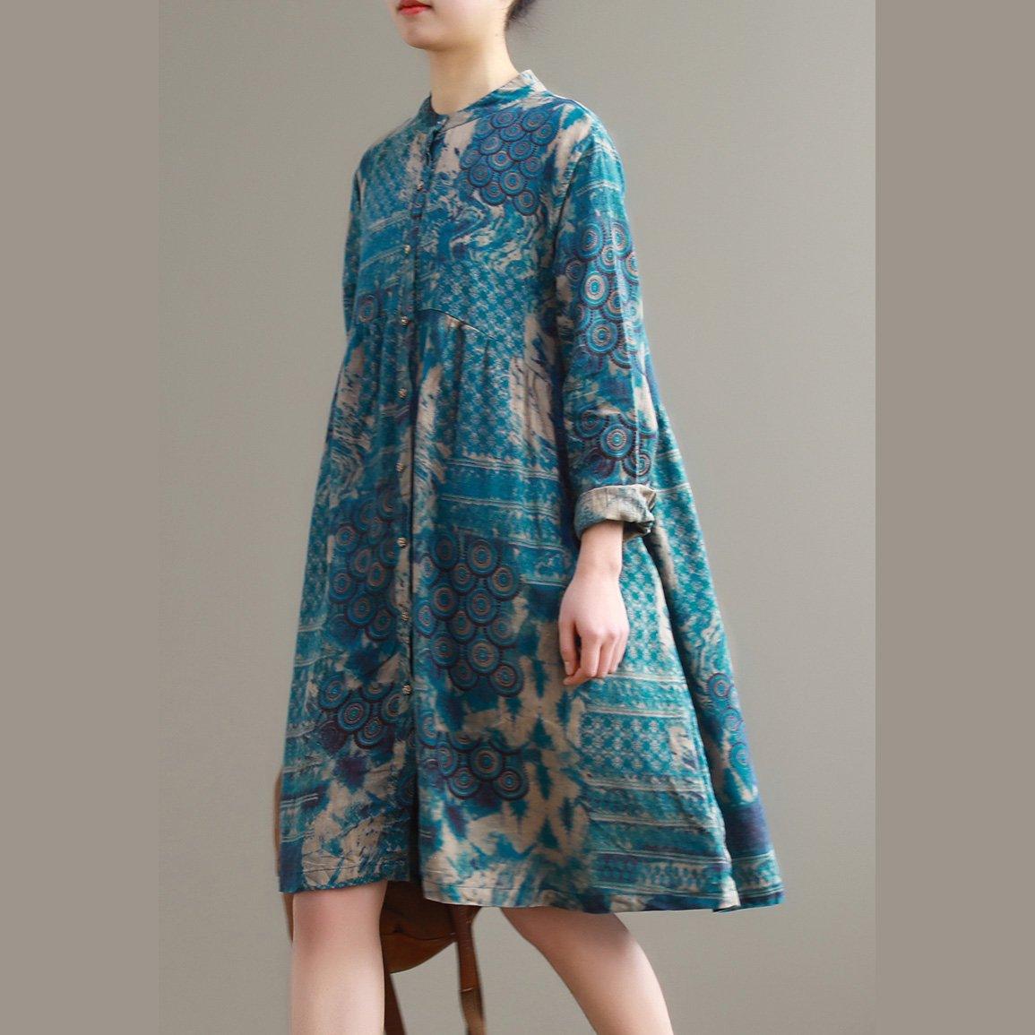 Women blue floral cotton Long Shirts Vintage Fabrics stand collar pockets cotton Dresses - Omychic