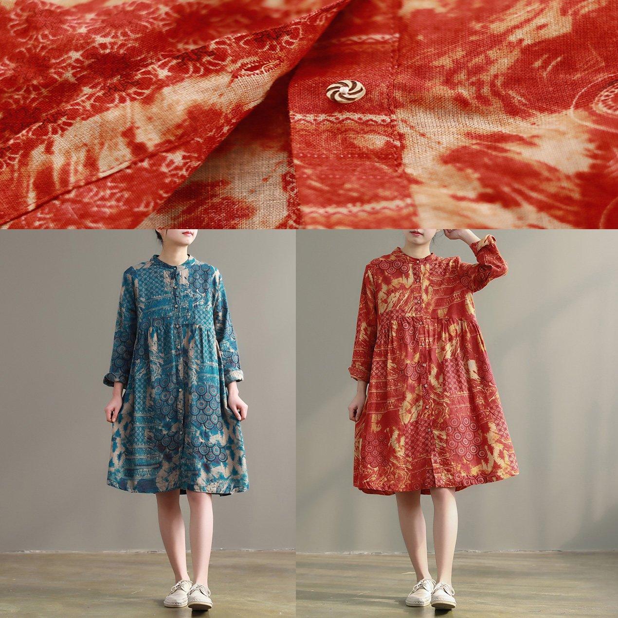 Women blue floral cotton Long Shirts Vintage Fabrics stand collar pockets cotton Dresses - Omychic