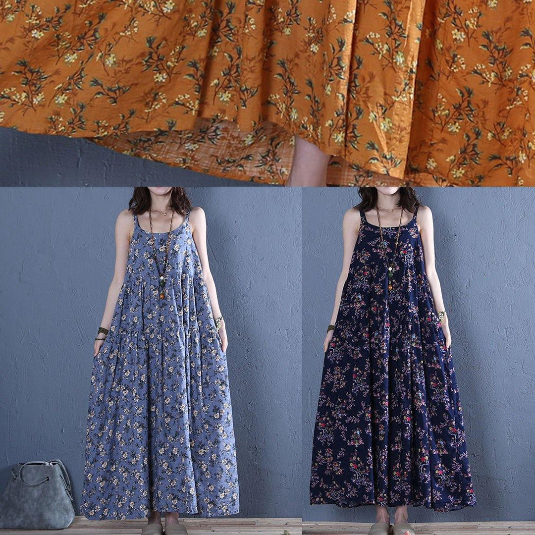 Women blue gray print cotton dress Spaghetti Strap wrinkled Maxi summer Dresses - Omychic