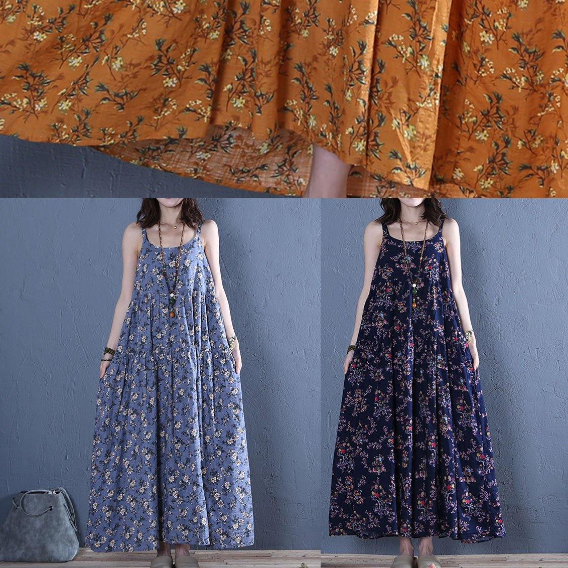 Women blue gray print cotton dress Spaghetti Strap wrinkled Maxi summer Dresses - Omychic