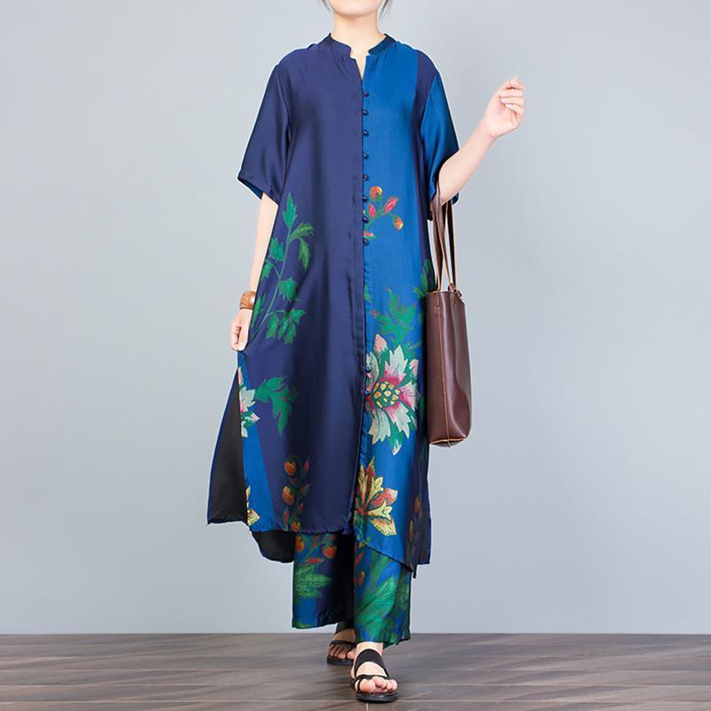 Women Blue Outfit Women Print Stand Collar Blouse And Wide Leg Pants - Omychic