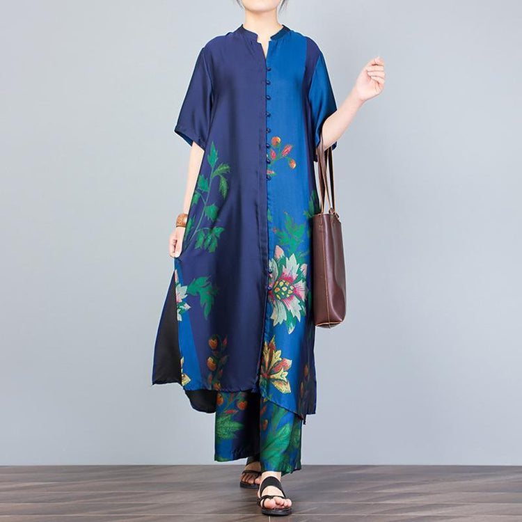 Women Blue Outfit Women Print Stand Collar Blouse And Wide Leg Pants - Omychic