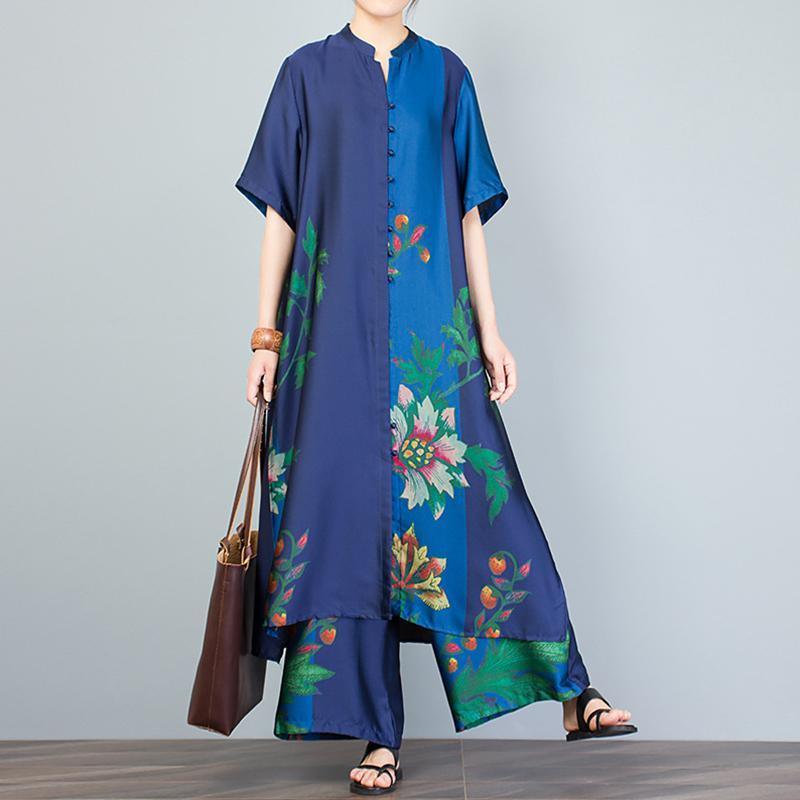 Women Blue Outfit Women Print Stand Collar Blouse And Wide Leg Pants - Omychic