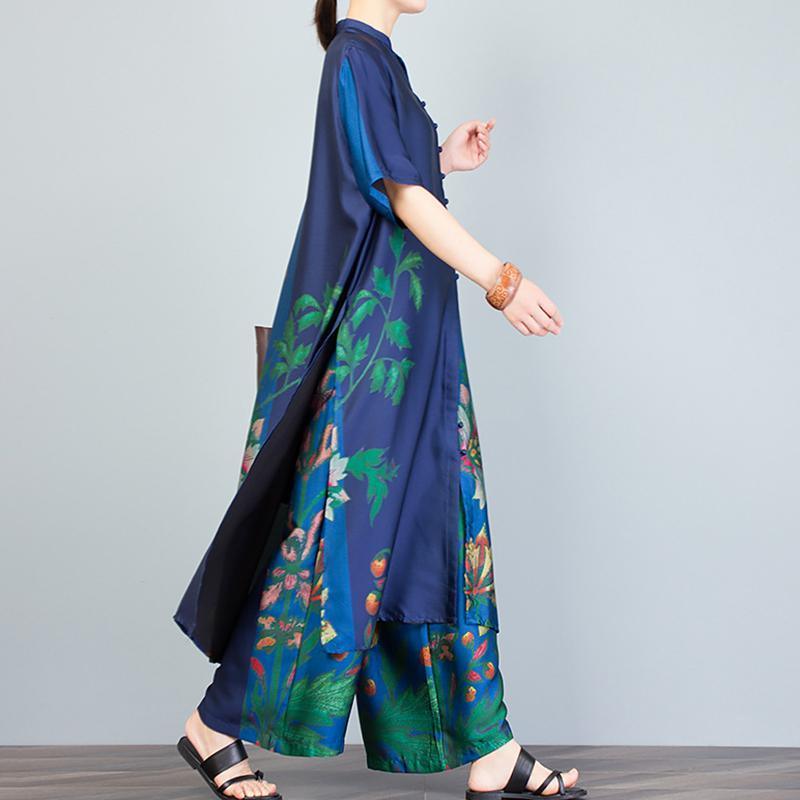 Women Blue Outfit Women Print Stand Collar Blouse And Wide Leg Pants - Omychic