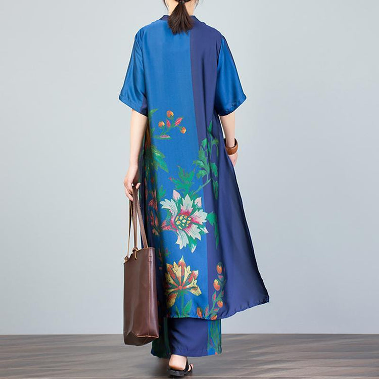 Women Blue Outfit Women Print Stand Collar Blouse And Wide Leg Pants - Omychic