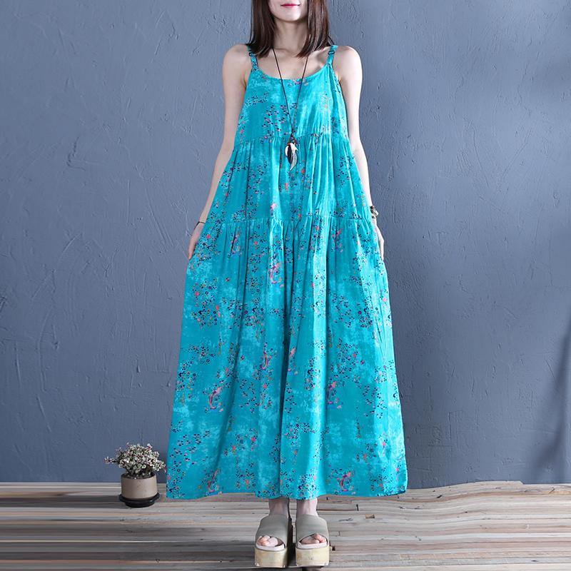Women blue print cotton clothes Spaghetti Strap Traveling summer Dress - Omychic
