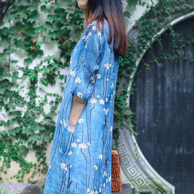 Women blue print linen Robes 2019 Tutorials o neck half sleeve Traveling Summer Dress - Omychic