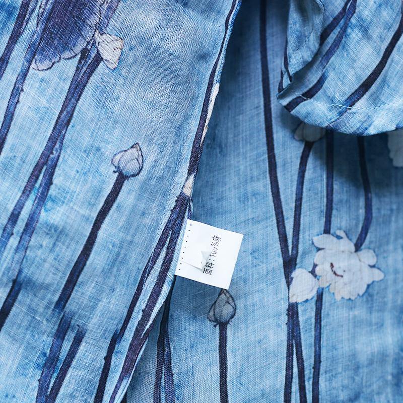 Women blue print linen Robes 2019 Tutorials o neck half sleeve Traveling Summer Dress - Omychic