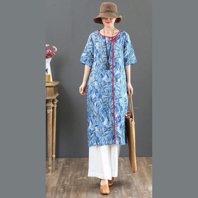 Women blue print linen clothes For Women Indian Christmas Gifts pockets cotton Summer Dress - Omychic