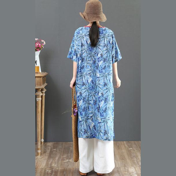 Women blue print linen clothes For Women Indian Christmas Gifts pockets cotton Summer Dress - Omychic