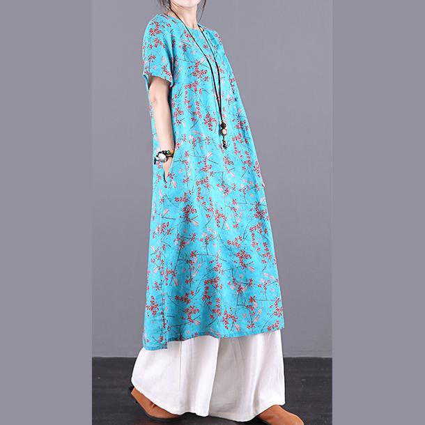 Women blue print linen dress Button Down o neck Traveling summer Dress - Omychic