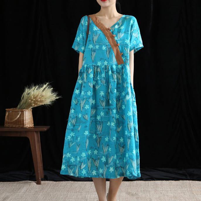 Women blue print linen dresses v neck wrinkled Robe Dress - Omychic