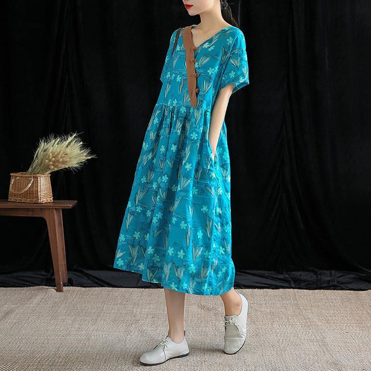 Women blue print linen dresses v neck wrinkled Robe Dress - Omychic