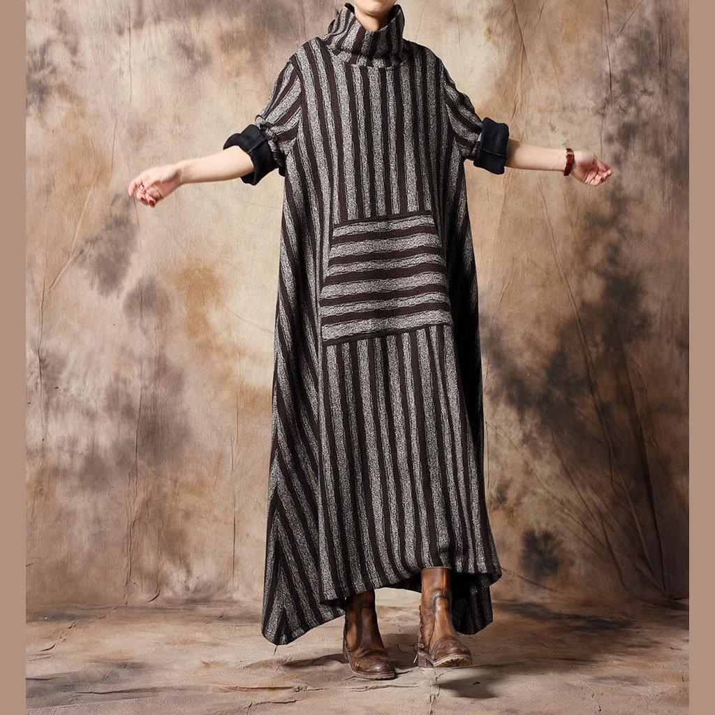 Women blue striped Robes plus size Online Shopping cotton high neck asymmetric Dresses - Omychic
