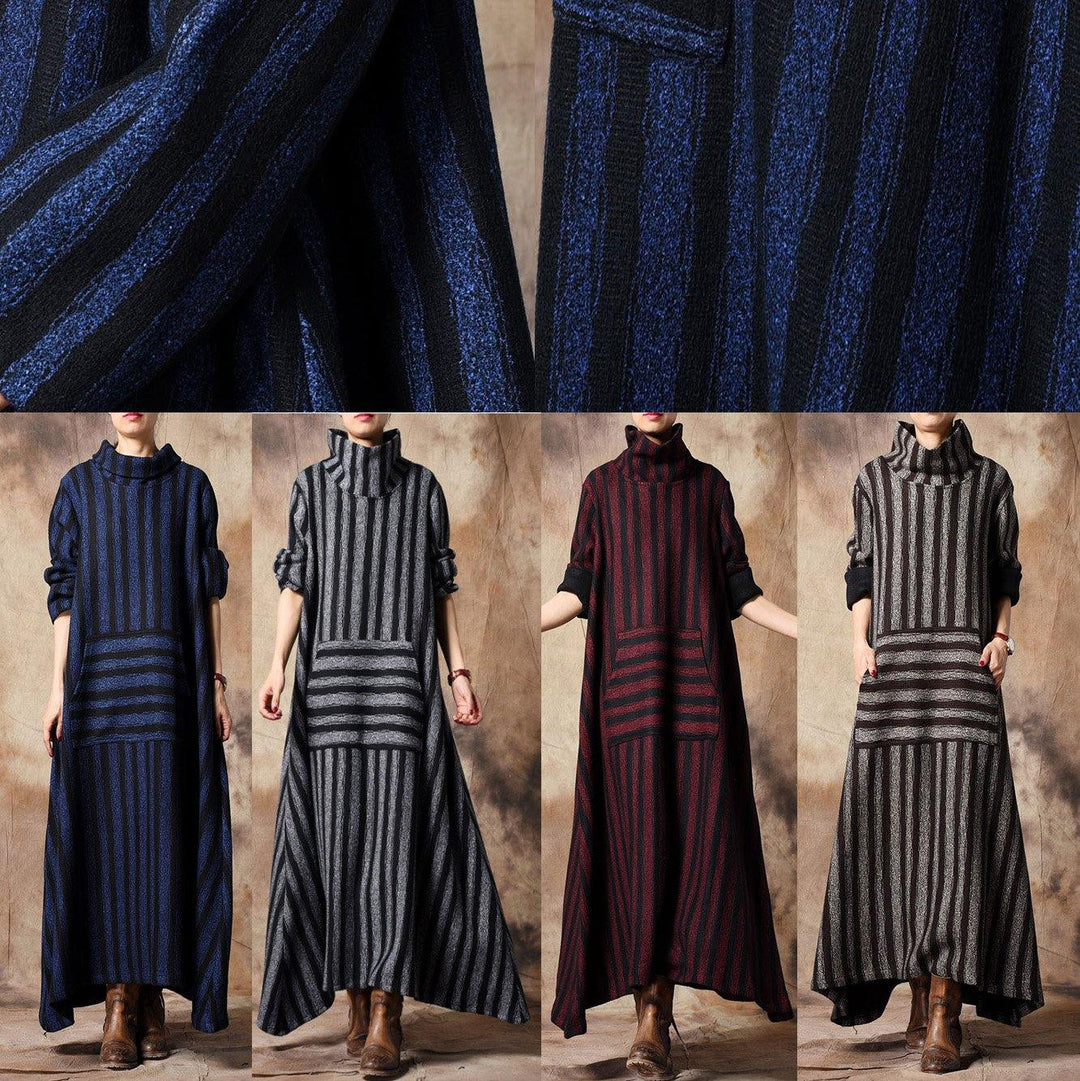 Women blue striped Robes plus size Online Shopping cotton high neck asymmetric Dresses - Omychic