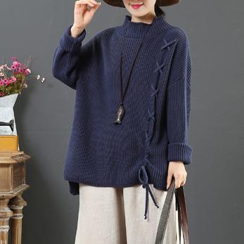 Women blue sweater tops drawstring oversize knit tops - Omychic