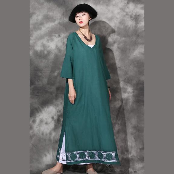 Women bracelet sleeved cotton clothes lace hem Art Dresses green side open sundress - Omychic