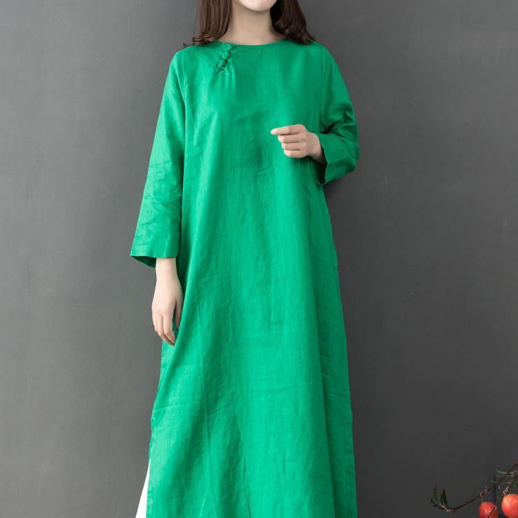 Women Bracelet Sleeved Linen Outfit Cotton Green Dresses - Omychic