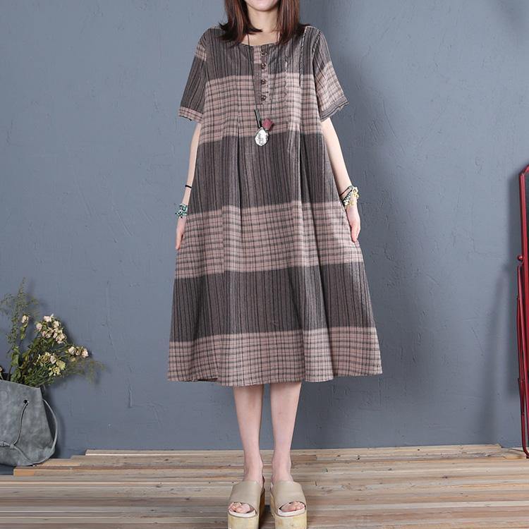 Women brown Plaid cotton outfit o neck pockets cotton summer Dress - Omychic