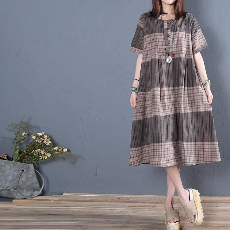 Women brown Plaid cotton outfit o neck pockets cotton summer Dress - Omychic