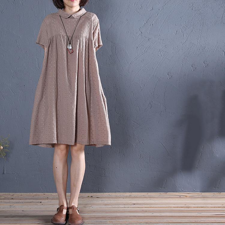 Women brown embroidery Cotton dress Peter pan Collar daily summer Dresses - Omychic