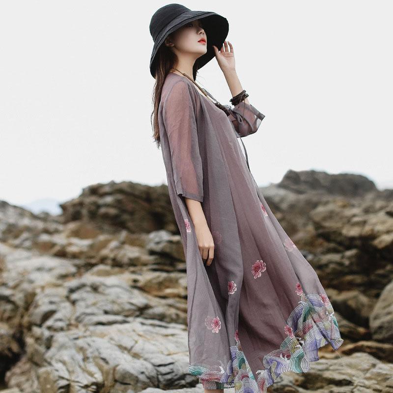 Women brown print clothes cardigan half sleeve Kaftan summer Dresses - Omychic