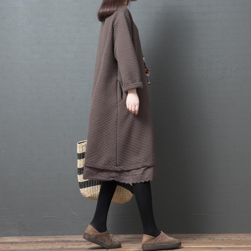 Women chocolate cotton dresses o neck patchwork thick long Dresses - Omychic