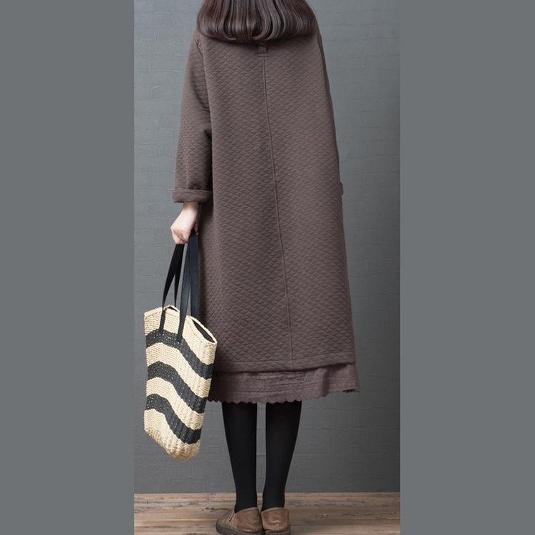 Women chocolate cotton dresses o neck patchwork thick long Dresses - Omychic