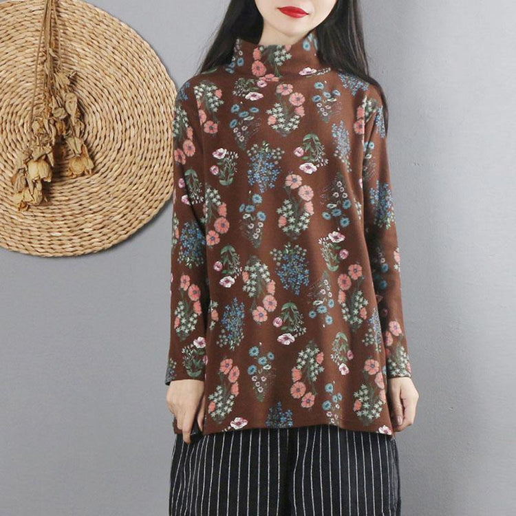 Women chocolate print cotton linen tops women high neck cotton fall blouses - Omychic
