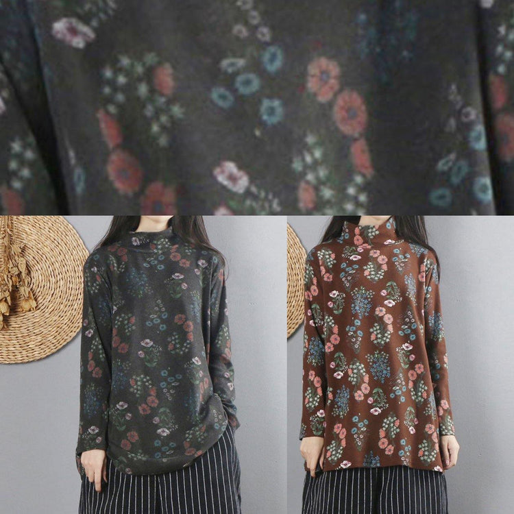 Women chocolate print cotton linen tops women high neck cotton fall blouses - Omychic