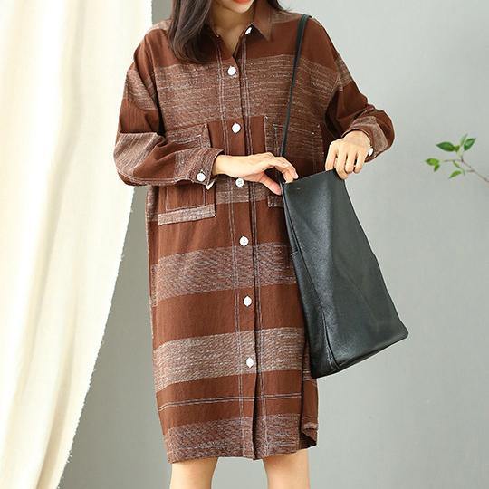 Women chocolate striped Cotton dresses lapel pockets Plus Size fall Dress - Omychic