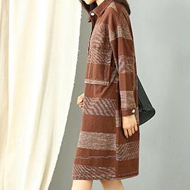 Women chocolate striped Cotton dresses lapel pockets Plus Size fall Dress - Omychic