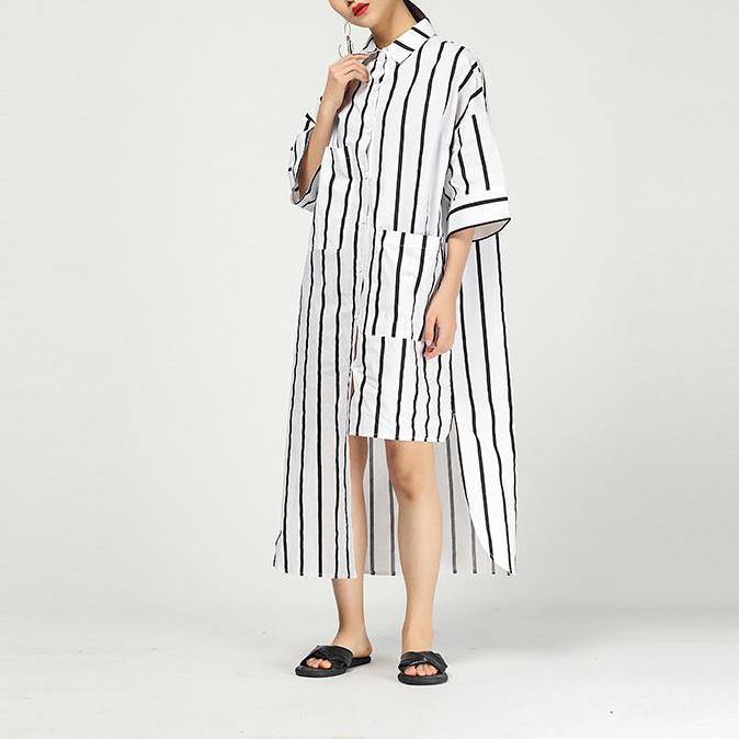 Women cotton Robes Plus Size Women Stripe Short Sleeve Irregular Dress - Omychic